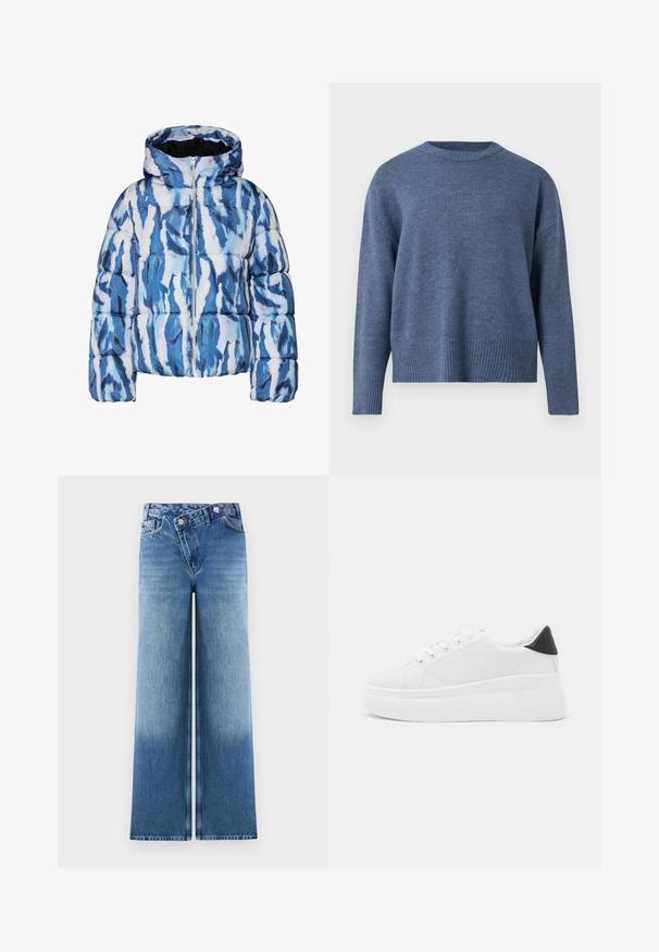Modra in bela abstraktna vzorčasta puhovka z kapuco in sprednjim zadrge, quilted in oblazinjena za toploto.; Modra pletena majica z ribastim ovratnikom in robom. Ima dolge rokave in sproščen kroj ter je izdelana iz mehkega materiala.; Svetlo modri široki kavbojke z zbledelim videzom, ki vključujejo klasičen dizajn s petimi žepi in kovinske gumbe na pasu.; Bele platform tenisice izdelane iz gladkega sintetičnega materiala, z zaobljenim prstom, sistemom vezalk in teksturiranim gumijastim podplatom. Črn dodatek na peti.