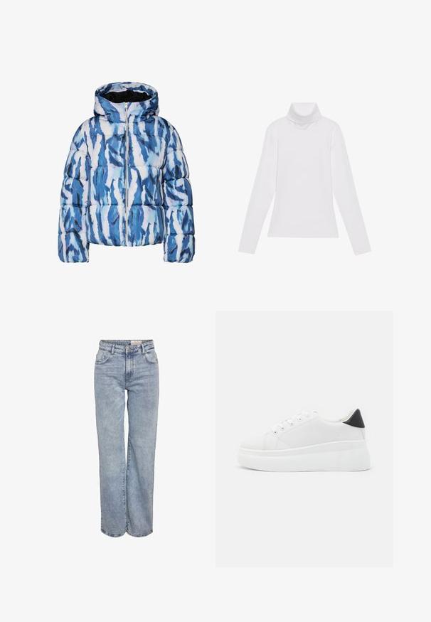 Zila un balta abstrakta raksta pūkainā jaka ar kapuci un priekšējo rāvējslēdzēju, quilted un polsterēta siltumam.; Balts garie piedurknēm turtlenecks krekls, izgatavots no gludas, elastīgas auduma. Iezīmē augstu apkakli un pielāgotu dizainu, bez redzamām rakstainām vai rotājumiem.; Gaiši zili platlapu džinsi, izgatavoti no denima, ar augstu jostasvietu, piecu kabatu dizainu un vieglu nolietojuma efektu.; Baltas platforma kedas, izgatavotas no gludas sintētiskas vielas, ar noapaļotu purngalu, saites dizainu un teksturētu gumijas zoli. Melna papēža akcenta detaļa.