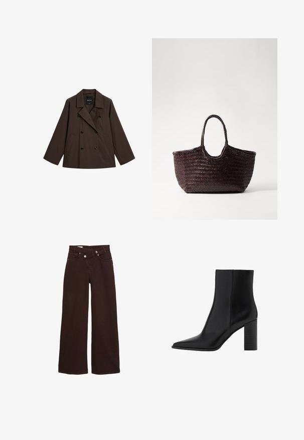 Braune, doppelt geknöpfte Jacke mit breiten Revers und zwei Fronttaschen. Aus glattem Stoff mit schwarzen Knöpfen gefertigt. Lässige, übergroße Silhouette.; Brauner Strickpullover mit V-Ausschnitt, langen Ärmeln und einer weichen, flauschigen Textur. Das Design ist übergroß mit einer lässigen Passform und minimalem Detail. ; Braune weit geschnittene Jeans mit hoher Taille, Reißverschluss vorne und Knopfverschluss. Sie verfügen über Vorder- und Gesäßtaschen.; Schwarze Leder-Ankle Boots mit spitzem Zehenbereich, quadratischem Absatz, glatter Textur und Nähten entlang der Nähte. Die Absätze messen ungefähr 8,9 cm.; Gewebte braune Tragetasche mit abgerundetem Oberteil und zwei Griffen. Sie verfügt über ein strukturiertes Muster und eine weite, offene Bauweise für einfachen Zugriff.