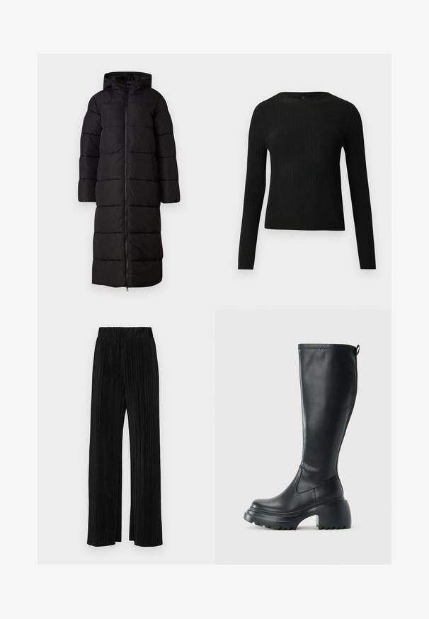 Pikk must puffer-jakk, millel on kapuuts, tikandid, ees vetthülgav tõmblukk ja avarad varrukad. Sile, mati tekstuur.; Mustmustriibuline must pikavarsiline sobiv sviiter ümmarguse kaelusega, esitatud helehallil taustal.; Mustad pleekitud püksid elastse vöökohtaga. Omavad laiad jalad ja sujuvat, tekstureeritud kangast vertikaalsete triipudega.; Kõrge must nahksaapad, millel on massiivne platvormi tald ja blokk-kand, varustatud tõmbenööriga ja tekstuuriga väljatõmbejääk.