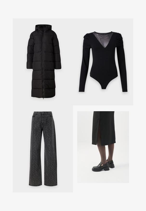 Garšs melns pūkains mētelis ar kapuci, ar izšūtu dizainu, priekšējo rāvējslēdzēju un plašām piedurknēm. Gluda, matēta tekstūra.; Melnā bodija ar garām piedurknēm, piedāvā ar caurspīdīgu V-veida kakla izgriezumu un savāktu plecu detaļu. Gluda auduma, ar pieguļošu formu.; Noisy May NMJANNEL LOOSE - Brīva piegriezuma džinsi - black denim; Melni ādas apavi ar noapaļotu purngalu, biezām bloku papēžiem un elastīgiem sānu akcentiem, apvienoti ar tumšām zeķubiksēm un melnu svārku ar šķirbu.