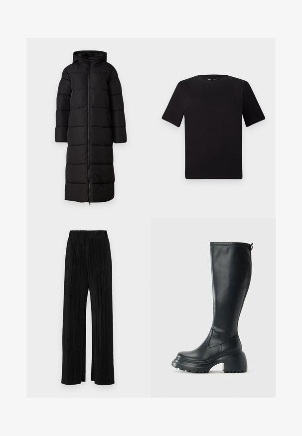 Dolga črna puhasta jakna s kapuco, ki ima prešito zasnovo, sprednji zadrgo in prostorne rokave. Gladka, mat tekstura.; Črna majica s kratkimi rokavi in okroglim izrezom, izdelana iz mehkega bombažnega materiala. Preprost dizajn, brez vidnih logotipov ali vzorcev.; Črne plisirane hlače z elastičnim pasom. Imajo široke noge in gladko, teksturirano tkanino z navpičnimi črtami.; Visoka črna usnjena škornja s debelim podplatnim solejem in blok peto, opremljena s potegom in strukturiranim profilom na podplatu.