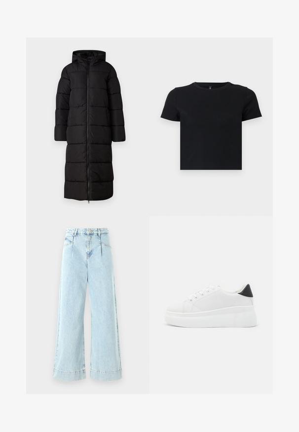 Long black puffer coat with a hood, featuring quilted design, front zipper closure, and spacious sleeves. Smooth, matte texture.; Black short-sleeve t-shirt made from soft cotton. Features a round neckline and a fitted design. Smooth texture without patterns or accents.; Light blue wide-leg jeans made of denim, featuring a high waist, front pockets, and stitched accents at the hem.; White platform sneakers made of smooth synthetic material, featuring a rounded toe, lace-up design, and a textured rubber sole. Black heel accent.