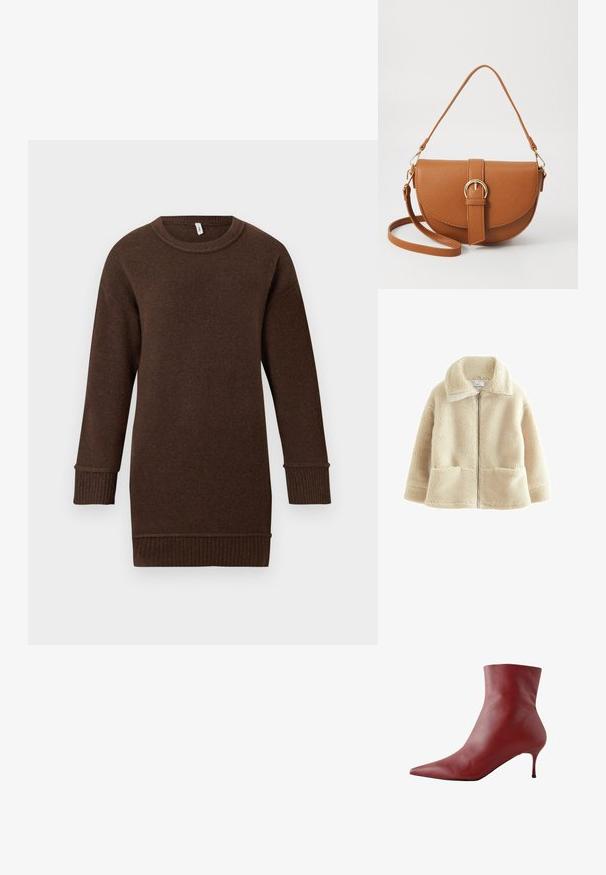 Giacca in pile di colore crema con zip frontale, colletto ampio e due tasche anteriori; presenta una superficie morbida e testurizzata.; Maglione marrone a maniche lunghe lavorato a maglia con polsini e orlo a coste, e scollo a giro, esposto su uno sfondo bianco.; Stivale alla caviglia in pelle rossa con punta affusolata e tacco sottile. Texture liscia, design minimale e senza motivi o accenti visibili.; Borsa a tracolla in pelle marrone con forma curvata, hardware dorato e un dettaglio con fibbia. Presenta una tracolla rimovibile.