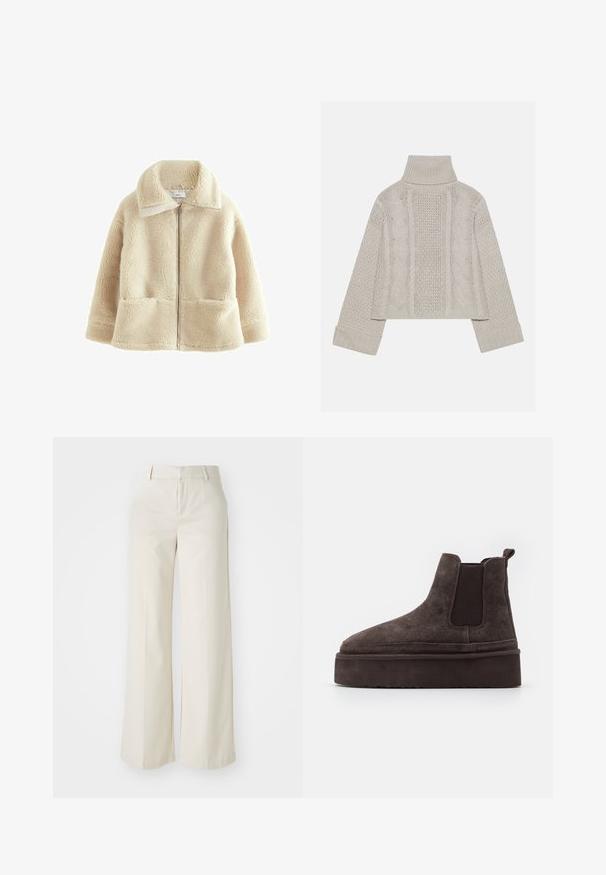 Beżowa polarowa kurtka z zapięciem na zamek, dużym kołnierzem i dwiema przednimi kieszeniami; charakteryzuje się miękką, teksturowaną powierzchnią.; Skórzana szara sweter z wysokim kołnierzem i ściągaczami, z teksturowanymi wzorami w warkocze z tyłu i po bokach.; Spodnie o szerokich nogawkach w jasnobeżowym kolorze, wykonane z gładkiego materiału. Posiadają klasyczny pas i płaski przód z czystymi liniami.; Brązowe zamszowe botki typu Chelsea z elastycznymi bocznymi panelami i grubą, fakturowaną podeszwą platformową. Posiadają pętlę z tyłu dla łatwego zakładania.