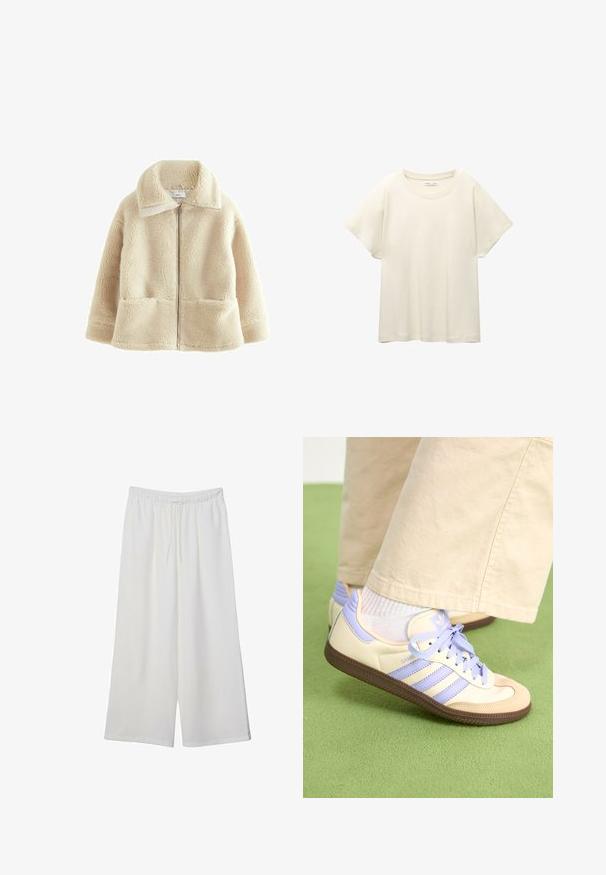 Giacca in pile di colore crema con zip frontale, colletto ampio e due tasche anteriori; presenta una superficie morbida e testurizzata.; Maglietta a maniche corte beige chiaro con scollatura rotonda, realizzata in un tessuto morbido e liscio. Presenta una vestibilità comoda e un orlo dritto.; Pantaloni bianchi a gamba larga realizzati in tessuto leggero, dotati di una vita elastica e di un cordino per una vestibilità regolabile. Texture liscia.; Sneakers crema e lavanda con tre strisce e suola marrone texturizzata, dotati di lacci e tallone imbottito. Parte superiore in tessuto morbido.