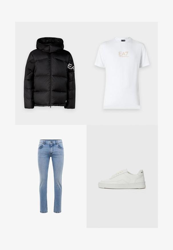 Svart dunjacka med huva, kviltat mönster, framdragkedja och stor logotyp på vänster ärm; slät yta och isolerande vaddering.; Vit bomull t-shirt med rund halsringning och korta ärmar, med en guld EA7 Emporio Armani-logotyp tryckt på framsidan.; Ljusblå denimjeans med slim fit, fem fickor och rak bendesign. Har dragkedja och bälteshällor. Mjuk textur.; Vita lädersneakers med en jämn yta, rund tå, platta snörningar och en strukturerad sula. Har en diskret logotyp på hälen.