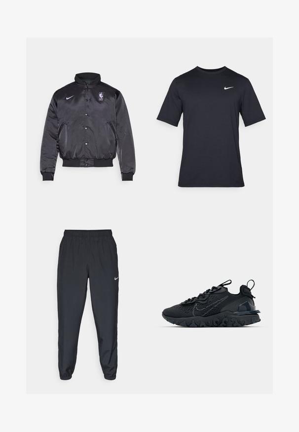 Black satin bomber jacket with a high collar, snap button closure, NBA logo, and Nike swoosh in purple. Ribbed cuffs and hem visible.; Black short-sleeve Nike t-shirt made of smooth fabric, featuring a white swoosh logo on the upper left side, crew neckline.; Black track pants made from lightweight fabric with an elastic waistband, ankle cuffs, and a discreet Nike logo on the left side.; Black athletic shoe with a breathable mesh upper, textured accents, and a wavy rubber sole. Features reflective logo and lacing system.