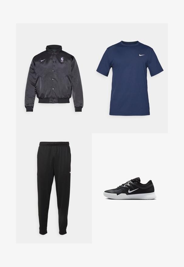 Crna satenska bomber jakna s visokim ovratnikom, zatvaranje na dugmadi, NBA logotipom i Nike swoosh u ljubičastoj boji. Vidljivi rebrasti manžeti i donji rub.; Tamno plavi Nike majica od mekog materijala, s kratkim rukavima, okruglim izrezom i malim bijelim logotipom na gornjem lijevom dijelu prsiju.; Crne atletske hlače od glatkog materijala, s elastičnom pasicom, sužavajućim nogavicama i malim bijelim logom na lijevoj strani.; Crna sportska cipela s teksturiranim gornjim dijelom, bijelim Nike swooshom i bijelim gumennim potplatom. Ima dizajn s vezanjem i dinamičan oblik.