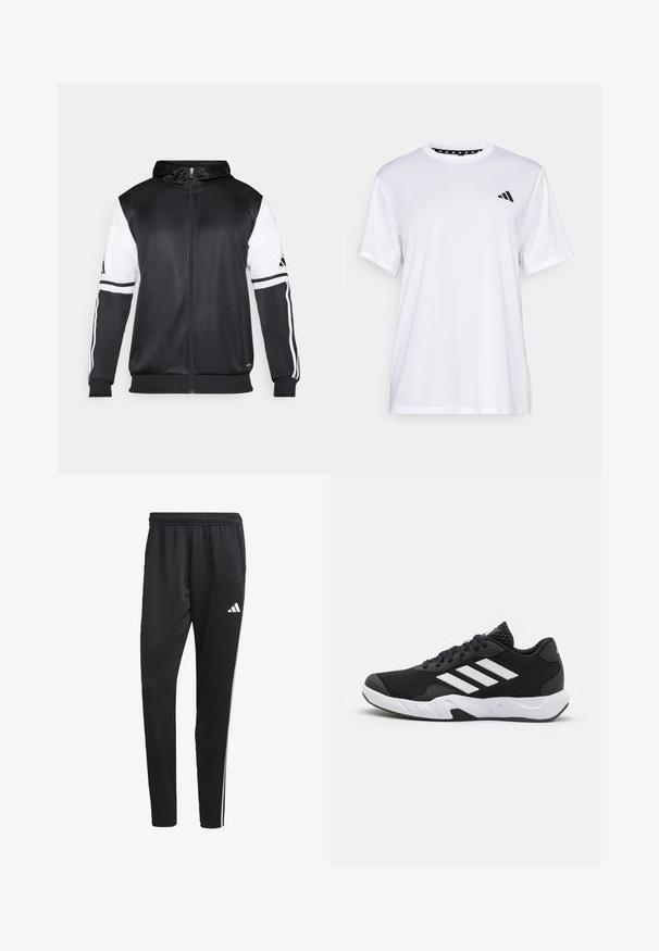 Černá mikina na zip s bílými rukávy a třemi bílými pruhy podél ramen. Vyrobena z hladkého, lehkého materiálu. Design mikiny je zahrnut.; Bílý sportovní tričko s krátkými rukávy, vyrobené z materiálu odvádějícího vlhkost. Na levé straně hrudi se nachází černé logo a vnitřní límec je vzorovaný.; Černé sportovní kalhoty s elastickým pasem, bílými bočními pruhy a malým bílým logem na stehně. Vyrobené z hladkého, lehkého materiálu.; Černé sportovní boty s texturovaným síťovaným svrškem, bílými akcentními pruhy, polstrovanou podrážkou a vyztuženým patem pro podporu.