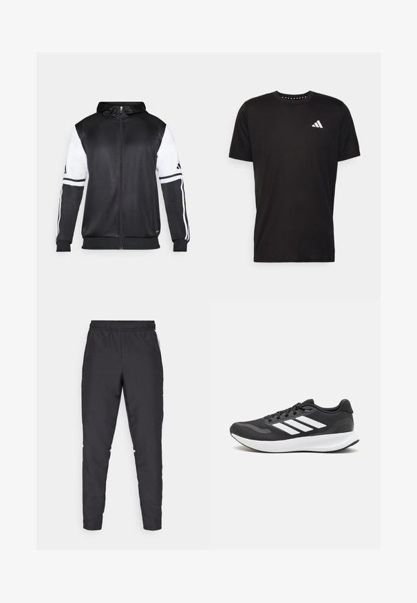 Black zip-up hoodie featuring white sleeves and three white stripes along the arms. Made from a smooth, lightweight fabric. Hoodie design included.; Black cotton t-shirt with short sleeves, crew neckline, and a white logo on the left chest. Smooth texture and simple design.; Black athletic pants with an elastic waistband, tapered legs, and white side accents. Made of synthetic material with a smooth texture.; Black athletic shoe with breathable mesh upper, white accents, and a cushioned sole. Features three stripes logo on the side.