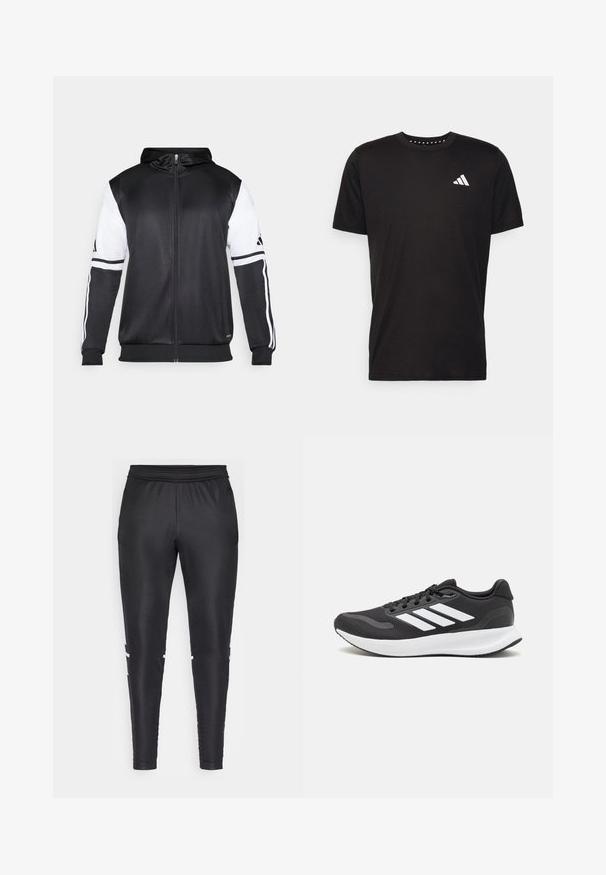 Sweatshirt preto com fecho, apresentando mangas brancas e três riscas brancas ao longo dos braços. Feito de um tecido suave e leve. Design do capuz incluído.; T-shirt de algodão preto com mangas curtas, decote redondo e um logo branco no lado esquerdo do peito. Textura suave e design simples.; Calças de atletismo pretas feitas de um tecido suave, com um design ajustado, cintura elástica e riscas brancas nas laterais.; Shoe de atletismo preto com parte superior em malha respirável, detalhes brancos e sola almofadada. Apresenta o logotipo das três riscas na lateral.