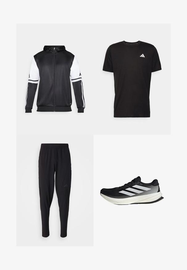 Svart zip-up hoodie med vita ärmar och tre vita ränder längs armarna. Tillverkad av ett mjukt och lätt tyg. Design av hoodie ingår.; Svart bomullströja med korta ärmar, rundad halsringning och en vit logotyp på vänster bröst. Slät textur och enkelt design.; Svarta sportbyxor med elastisk midja, avsmalnande design, sidofickor och diskret logodetalj. Tillverkade av flexibelt, andningsbart tyg.; Svart atletisk sko med nätmönster, som har vita ränder, rund tå och en strukturerad sula för grepp och stöd.