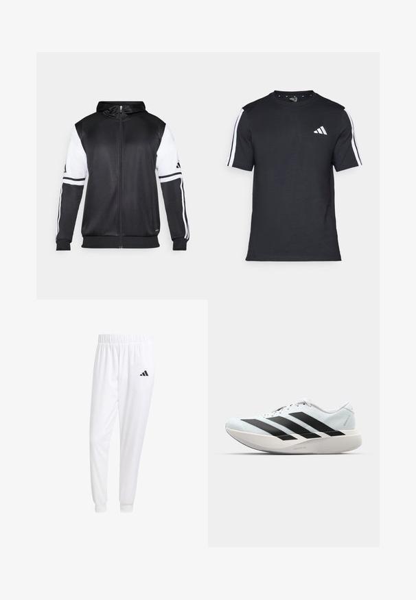 Fekete zipzáras kapucnis pulóver, fehér ujjakkal és három fehér csíkkal a karokon. Simább, könnyű anyagból készült. A kapucnis pulóver dizájnja is benne van.; Fekete, rövid ujjú pamut póló, fehér csíkokkal a vállain és fehér logóval a bal mellkason.; Fehér sportnadrág sima anyagból, rugalmas derékpánttal és szűkített bokákkal, a hátsó zsebében fekete logóval.; Világoskék, fekete csíkos könnyű futószerek. Simább felső résszel, kerek orral és vastag fehér középtalppal, amelyen a "LIGHTSTRIKE PRO" felirat olvasható.