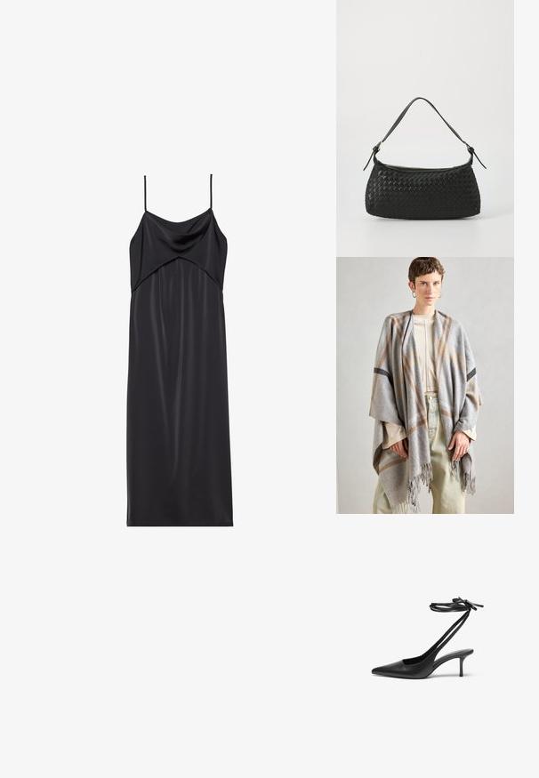 Chal gris a cuadros hecho de una tela suave, con bordes con flecos. Presenta líneas de acento en marrón y negro, drapeado de manera casual sobre una blusa clara.; Vestido recto de satén negro con finas tirantes de spaghetti, escote drapeado y silueta recta. Textura suave y diseño minimalista.; Zapato de charol negro con tacón de aguja y punta afilada, con la parte trasera abierta y correas en los tobillos atadas en forma de lazo. Tacón delgado de 3 pulgadas. Textura suave, diseño minimalista.; Bolso de hombro tejido en negro con una correa de cuero suave y cierre de cremallera. Presenta una superficie texturizada y una forma curvada.
