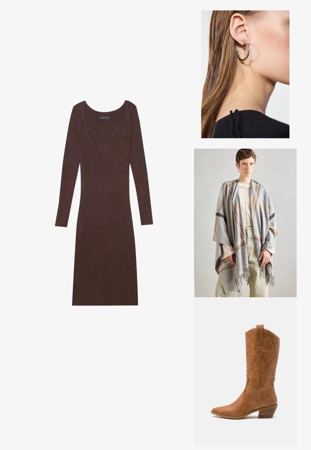 Gray plaid shawl made of soft fabric, with fringed edges. It features brown and black accent lines, draped casually over a light top.; Brown ribbed long-sleeve dress with a scoop neckline and fitted silhouette. Features v-shaped stitching detail on the bodice.; Tan leather cowboy boot with pointed toe, embroidered swirl patterns on shaft, and a stacked block heel. Features a pull tab for easy wear.; Silver hoop earring with a polished finish, featuring small gold accent details and a round shape, worn on the lobe.