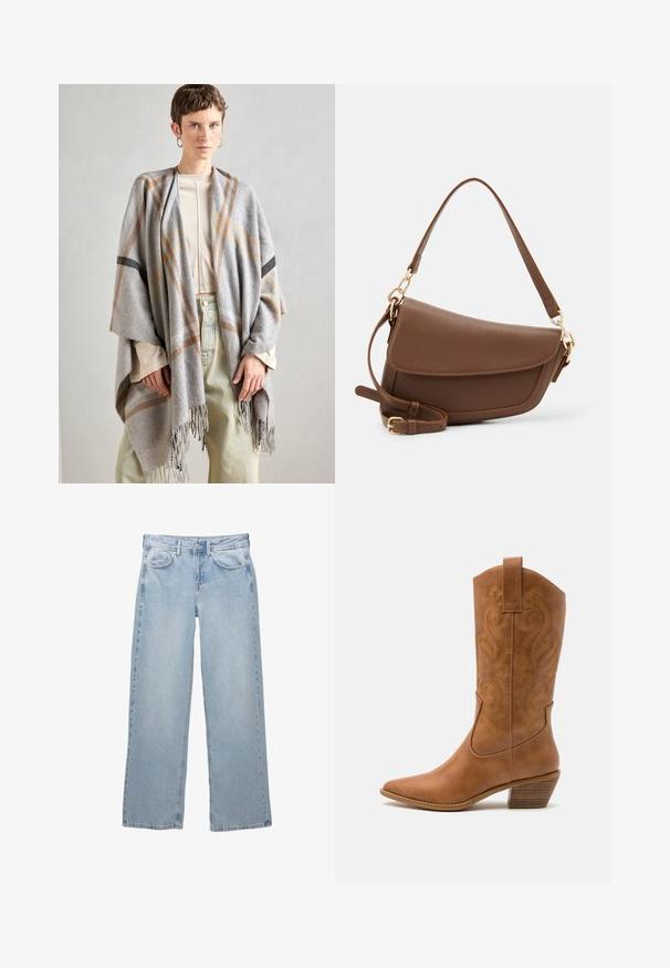 Szürke kockás sál, puha anyagból, bojtokkal a szélein. Barna és fekete díszítő vonalak találhatók rajta, lazán egy világos felsőn pihen.; Bővállú, krémszínű pulóver fodros dekoltárral, hosszú puffujjakkal és bordázott aljjal; puha, texturált kötött anyagból készült.; Világoskék farmernadrág, bővebb fazonnal, gombos és cipzáras záródással, öt zsebbel és minimális varrási részletekkel.; Barna bőr cowboy csizma hegyes orral, hímzett örvény mintákkal a szárán, és stílusos, réteges blokk sarokkal. Kihúzó füle segíti a könnyű felhúzást.; Barna bőr válltáska texturált felülettel, ívelt formával, aranyszínű fémrészekkel, állítható pánttal és fedélzárral.; Ez egy ezüst fülbevaló, sima felülettel, amelyen apró arany díszítőelemek találhatók. Kerek formájú és a fülcimpán viselik.