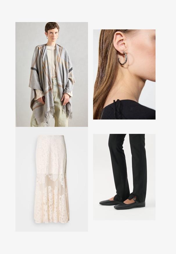 Châle à carreaux gris en tissu doux, avec des bords frangés. Il présente des lignes d'accent marron et noir, drapé de manière décontractée sur un haut clair.; Débardeur noir en tissu doux et extensible. Il dispose d'un col rond et de larges bretelles, avec une silhouette ajustée et une texture lisse.; Jupe midi en dentelle florale couleur crème ; elle présente un design superposé avec des sections transparentes, de la dentelle texturée, et un ourlet évasé.; Ballerines en cuir noire avec un bout pointu, sangle avec boucle en argent, associées à un pantalon noir sur mesure avec un ourlet fendu.; Boucle d'oreille en argent avec une finition polie, présentant de petits détails en or et de forme ronde, portée sur le lobe.