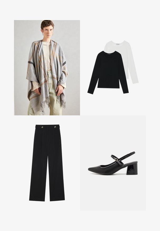 Grå plaid sjal lavet af blødt stof med frynsede kanter. Den har brune og sorte accentlinjer og hænger afslappet over en lys top.; To lange skjorter med lange ærmer, en sort og en hvid, begge med firkantet halsudskæring og lavet af blødt, strækbart stof.; Sorte vide bukser med høj talje, knapdetaljer på taljebåndet og frontfald.; Sorte patentlæder slingback hæle med spids tå, rund udskæring og blokhæl. Har en guldtonet spændeaccents.