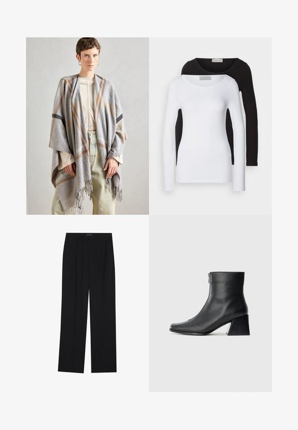Grau kariertes Tuch aus weichem Stoff mit fransigen Kanten. Es hat braune und schwarze Akzentlinien und liegt lässig über einem hellen Oberteil.; Langärmlige Hemden aus schwarzer und weißer Baumwolle mit Rundhalsausschnitten und taillierter Passform. Etikett am Hals sichtbar.; Schwarze Hose mit geradem Bein, ausgestattet mit zwei frontalen Taschen und einem Taillenbund. Hergestellt aus einem glatten, leichten Stoff.; Schwarze Lederstiefelette mit quadrater Zehenform, seitlichem Reißverschluss und Blockabsatz vor einem schlichten hellen Hintergrund.