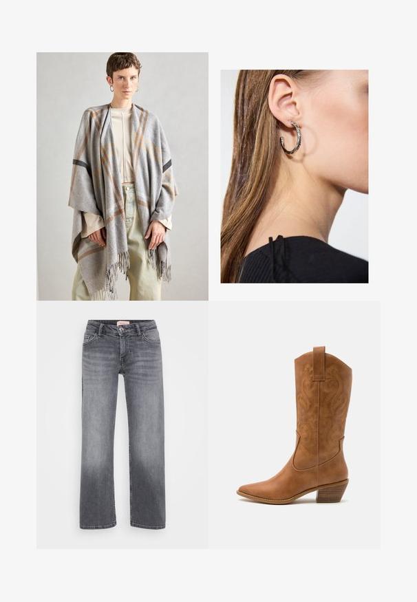 Gray plaid shawl made of soft fabric, with fringed edges. It features brown and black accent lines, draped casually over a light top.; Even&Odd Petite 2 PACK - Top - light grey/black; Gray denim jeans with a straight leg design, five-pocket style, subtle fading, and a button closure at the waist.; Tan leather cowboy boot with pointed toe, embroidered swirl patterns on shaft, and a stacked block heel. Features a pull tab for easy wear.; Silver hoop earring with a polished finish, featuring small gold accent details and a round shape, worn on the lobe.