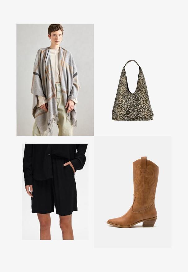 Gray plaid shawl made of soft fabric, with fringed edges. It features brown and black accent lines, draped casually over a light top.; Black, sleeveless crop top made of smooth fabric. Features thin spaghetti straps and a scoop neckline, with a fitted design.; Black relaxed-fit shorts made of soft fabric with an elastic waistband and side pockets; paired with a matching button-up shirt.; Tan leather cowboy boot with pointed toe, embroidered swirl patterns on shaft, and a stacked block heel. Features a pull tab for easy wear.; PULL&BEAR Tote bag - mottled dark brown