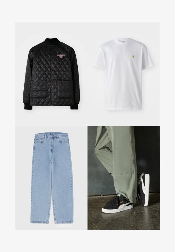 Svart quiltet jakke med ribbet krage og mansjetter, med trykknapper og to framlommer. "Carhartt WIP"-logo brodert i rødt.; Hvit bomull t-skjorte med korte ermer, rund hals, med en liten gulllogo på venstre brystområde. Myk tekstur og vanlig passform.; Lyseblå denimjeans med rett ben-design, med mid-rise liv, fem lommer og knap og lynlås lukning.; Sorte semskede sneakers med hvite gummisåler og sidestiper, sammen med lysegrønne cargo-bukser, står på en teksturert mørk overflate.