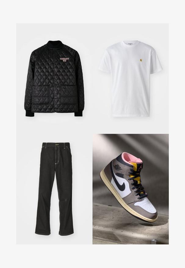 Mustmust vahtmed krae ja mansettidega must küllitatud fliis, millel on nupud ja kaks eesmist taskut. "Carhartt WIP" logo on tikandina punase värviga.; Valge puuvillane t-särk lühikeste varrukatega, ümmargune kaelus, millel on väike kuldne logo vasakul rinnal. Pehme tekstuur ja regulaarne lõike.; Mustadest denimist püksid, lahtise lõikega, kontrastsete valgete õmblustega, nööbiga kinnitamine ja sirge säär.; Valged, hallid ja mustad kõrged Nike Air Jordani sneakers, roosa sisetallaga ja kollase keelega, asetatud betoonpinnale.