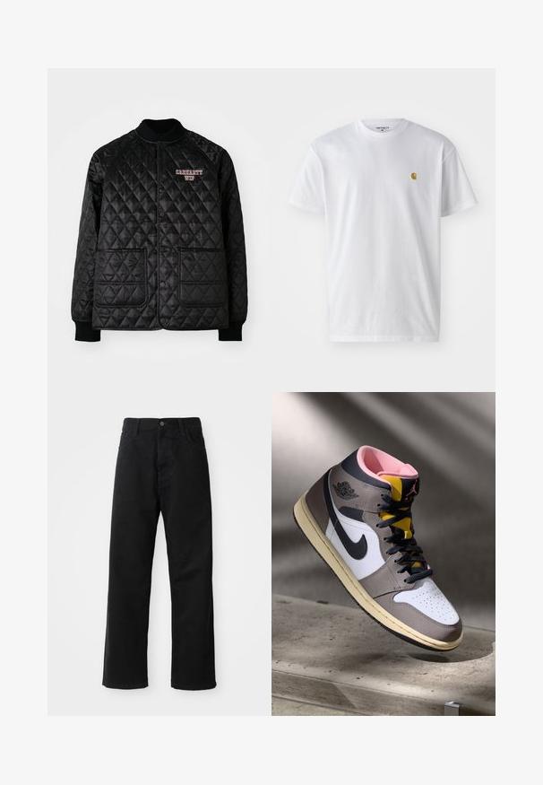 Zwarte gewatteerde jas met ribgebreide kraag en manchetten, voorzien van drukknoopsluitingen en twee voorzakken. "Carhartt WIP" logo geborduurd in het rood.; Witte katoenen t-shirt met korte mouwen en ronde hals, voorzien van een klein gouden logo op de linkerkant van de borst. Zachte textuur en een normale pasvorm.; Zwarte denim broek met een rechte pasvorm, voorzien van voorzakken, een rits en een enkele bovenste knoop. Gestructureerde stof met een matte afwerking.; Hoog-top Nike Air Jordan sneaker in wit, grijs en zwart met een roze interieur en gele tong, geplaatst op een betonnen oppervlak.