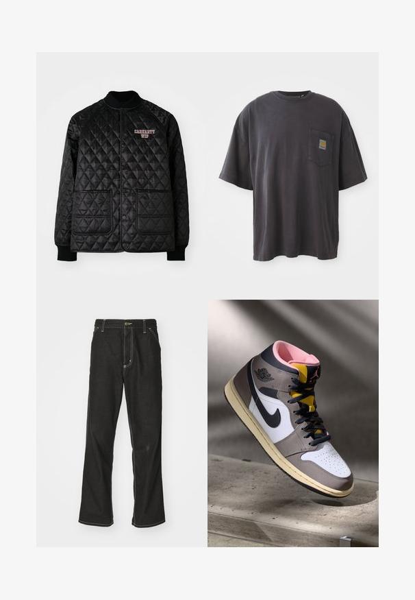 Black quilted jacket with ribbed collar and cuffs, featuring snap buttons and two front pockets. "Carhartt WIP" logo embroidered in red.; Black cotton t-shirt with short sleeves, a round neckline, and a left chest pocket featuring a square logo patch. Simple and unembellished design.; Black denim jeans with a loose fit, featuring contrasting white stitching, a button closure, and a straight leg design.; High-top Nike Air Jordan sneaker in white, grey, and black with pink interior and yellow tongue, positioned on a concrete surface.