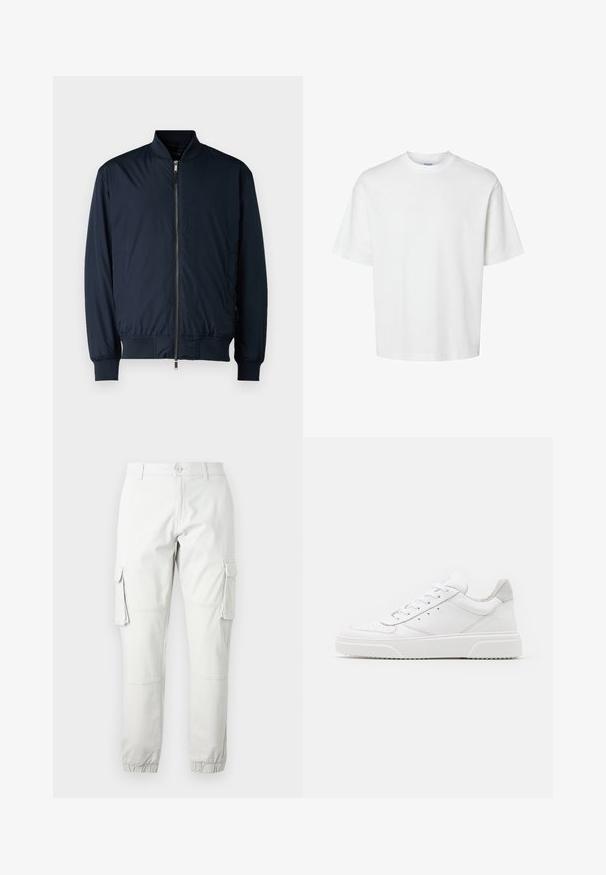 Jachetă bomber de culoare bleu marin cu fermoar pe față, guler și manșete ribbed, dintr-un material neted și ușor; fără modele sau accente vizibile.; Tricou alb din bumbac, cu mâneci scurte, guler rotund și o croială lejeră. Textură netedă, fără modele sau accente vizibile.; Pantaloni cargo gri deschis cu buzunare laterale, manșete elastice la glezne și închidere cu nasture. Fabricati dintr-un material durabil cu o textură netedă.; Adidași din piele albă cu un finisaj neted, vârf rotunjit, șireturi plate și o talpă texturată. Accente din piele întoarsă gri la călcâi.