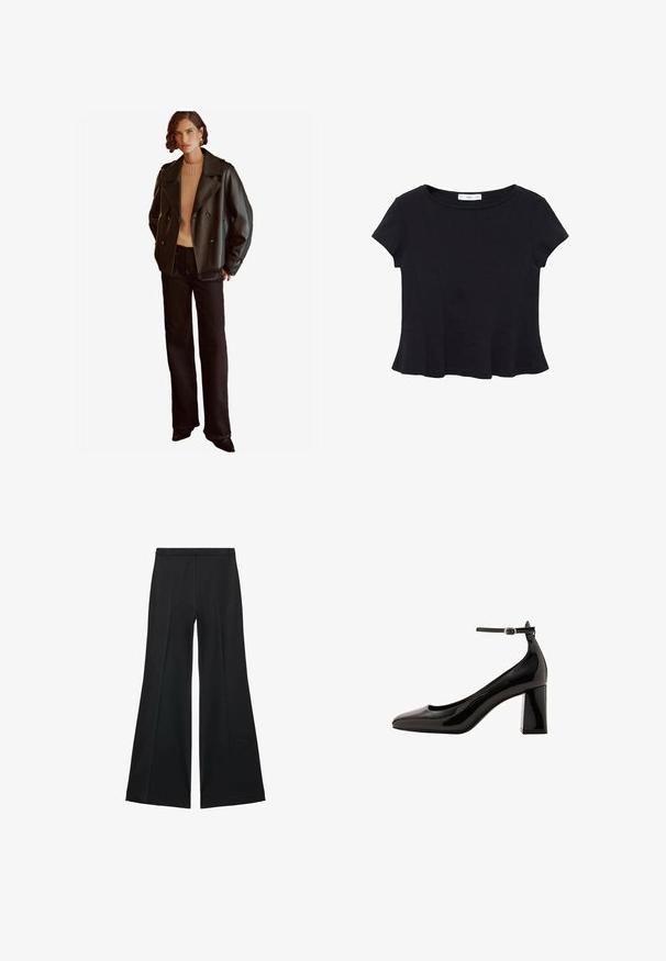 Crna kožna dvoredna jakna širokih revera, uparena s bež rebrastim džemperom i crnim trapericama ravnog kroja. Jednostavan dizajn s minimalnim naglascima.; Crni kratki rukav majica od mekog materijala, s okruglim izrezom i raširenim rubom s suptilnim detaljima šavova.; Crne široke hlače s glatkom teksturom, koje imaju prednje nabore i kroj po mjeri. Tkanina je lagana i lepršava.; Crne lakirane cipele s remenom oko gležnja i sjajnom završnom obradom, s šiljastim vrhom i debelim blok-potpeticom. Glatka tekstura, minimalno detalja.