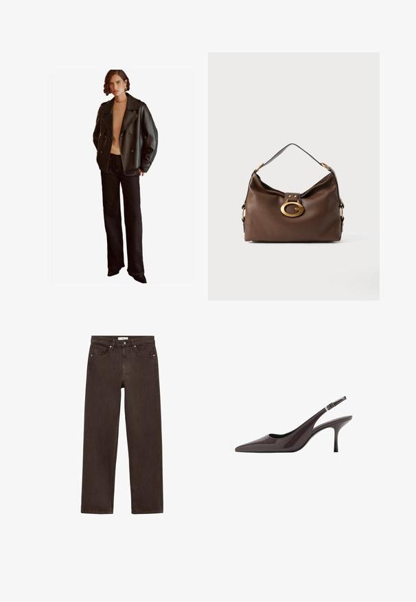 Črna usnjena dvoredna jakna z širokimi ovratniki, v kombinaciji s svetlobezh žametnim puloverjem in črnimi ravnimi kavbojkami. Preprost dizajn z minimalnimi detajli.; Braun majica s kratkimi rokavi, izdelana iz mehkega bombaža. Ima okroglo ovratnico in širok kroj, z gladko teksturo in brez vidnih vzorcev.; Rjave široke kavbojke iz denima, s klasičnim pet-žepnim dizajnom, gumbom za zapiranje in diskretnimi detajli šivanja.; Svetle črne slingback pete s pointed toe v temno rjavi lakirani usnjeni obliki, ki vključujejo vitko visoko peto in nastavljiv gleženjski trak z zaponko.; Rjavo usnjeno ročna torbica z teksturirano površino, ki ima zlato toniran zaklep in en sam, ukrivljen naramnico.