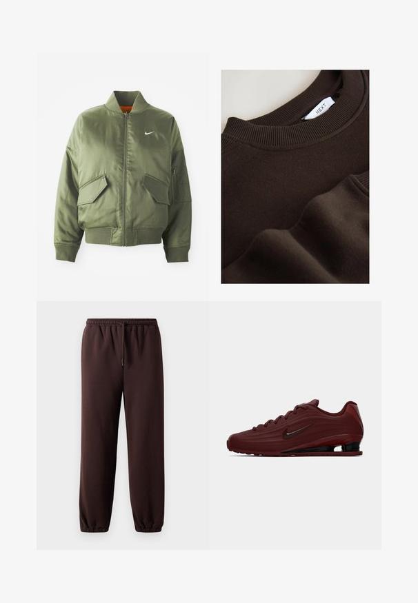 Olive rohelise värvi bomber-jakk ribidega krae ja varrukate, tõmbluku sulgemise, kahe ees oleva tasku ja ühe küljetaskuga. Omab valget Nike logo.; Pruun kampsun koos ümmarguse vahvikuga kaeluse ja vahvikutega varrukatega. Pehme tekstuur sileda viimistlusega ja nähtavate õmbluse detailidega. Brändi silt on nähtav.; Pruunid jooksupüksid, millel on nööriga vöö, elastsed mansetid ja sile puuvillane materjal. Omavad mugavat lõiget ja minimaalset disaini.; Burgundi Nike ketsid mustade tallade, paelte ja swoosh logo aktsentidega, kujutatud külgvaates valgel taustal.