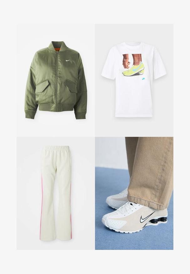 Casaco bomber verde-oliva com colarinho e punhos canelados, fecho com zíper, dois bolsos frontais e um bolso lateral com zíper. Apresenta o logotipo da Nike em branco.; T-shirt branco de algodão com uma gráfica de pés em chuteiras Nike amarelas com detalhes azuis, combinado com uma pulseira no pulso esquerdo.; Calças bege claras com uma cintura elástica, apresentando painéis laterais cor-de-rosa e bolsos laterais. Textura suave com um design de perna reta.; Tênis Nike brancos e bege com design perfurado, logotipo Swoosh preto, parte superior texturizada e um distintivo calcanhar preto com mola.