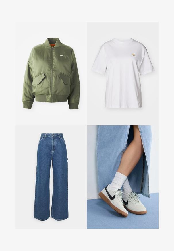 Ελαιόχρωμο bomber μπουφάν με ραβδωτό γιακά και μανίκια, κλείσιμο με φερμουάρ, δύο μπροστινές τσέπες και μια πλαϊνή τσέπη με φερμουάρ. Περιλαμβάνει το λογότυπο της Nike σε λευκό χρώμα.; Λευκό βαμβακερό μπλουζάκι με χαλαρή εφαρμογή, κοντά μανίκια, και ένα μικρό κεντητό λογότυπο στην αριστερή περιοχή του στήθους.; Πολυάριθμοι μπλε τζιν παντελόνες με φαρδιά πόδια και ψηλή μέση, αντίθετη ραφή και πλαϊνές τσέπες, με κλασικό σχέδιο πέντε τσεπών και ακατέργαστο τελείωμα.; Αθλητικά παπούτσια Nike με ανώτερο μέρος από ανοιχτό γκρι σουέτ, μαύρο λογότυπο swoosh και σόλα από καουτσούκ γκόμε. Φορεμένα με λευκές ριμπέ κάλτσες και μπλε τζιν φούστα.