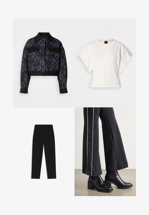 Musta ja tummansininen teksturoitu lyhyt takki, jossa pitkät hihat, leveä kaulus ja kaksi läppätaskua rinnassa valkoisella taustalla.; Valkoinen lyhythihainen t-paita, leveät lyhyet hihat, pehmeää puuvillamateriaalia, pyöreä pääntie jossa hienovarainen oranssi reunus, minimaalinen muotoilu, ei kuvioita tai graafisia elementtejä.; Mustat housut suoran istuvuuden kanssa, joissa on kaksinkertaiset laskokset, sileä pinta ja klassinen vyötärönauhan muotoilu. Ei näkyviä metalliosia tai koristeita.; Mustat nahkasaappaat nilkkapituisilla, lohkareella, joissa on joustavat sivupaneelit. Yhdistetty mustiin housuihin, joissa on valkoinen sivuraita.