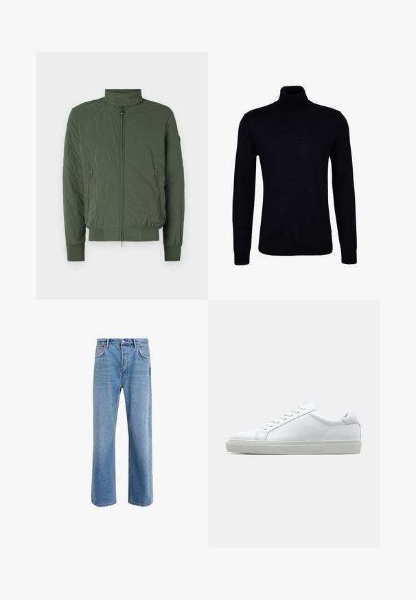Zelena jakna s kvadratnim uzorkom, koja ima visok ovratnik, prednji zip, dva bočna džepa i rebrasti rub na rukavima i donjem dijelu. Mekani, lagani materijal.; Crna pletena majica s visokim ovratnikom izrađena od glatke pletenine. Ima dugačke rukave, uski ovratnik te rebraste manžete i rub za čvrsto prianjanje.; Svijetloplave traperice s ravnim nogavicama, pet džepova, zatvaranjem na gumb, minimalnim izbljeđivanjem i kontrastnim šavovima.; Bijela tenisica s glatkim kožnim gornjim dijelom i niskim profilom. Ima zaobljen vrh, šest rupica za vezanje i teksturiranu gumenu podlogu.