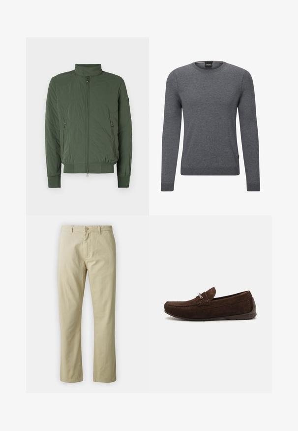 Jachetă bomber verde matlasată, cu guler înalt, fermoar frontal, două buzunare laterale și manșete și tiv din material elastic. Material moale și ușor.; Pulover gri cu guler rotund realizat dintr-un material tricotat moale. Acesta are mâneci lungi, manșete și tiv cu model canelat și o etichetă mică cu logo pe lateral.; Pantaloni din bumbac bej cu un design drept, închidere frontală cu buton și curea. Textură netedă, fără modele sau accente vizibile.; Mocasini din suede maro cu un design cusut, textură subtilă, vârf rotunjit și detalii din metal argintiu. Talpă joasă din cauciuc pentru confort.