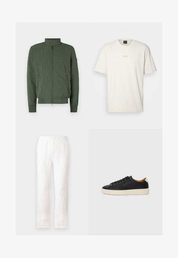 Veste bomber matelassée verte avec un col haut, fermeture éclair devant, deux poches latérales et des poignets et un ourlet côtelés. Matériau doux et léger.; BOSS TEE - T-shirt basique - open white; Pantalons en lin blancs avec une taille élastique, design à jambe droite et tissu légèrement texturé. Pas de motifs ni de détails supplémentaires.; Baskets en cuir noir avec une texture lisse, semelle en caoutchouc beige, design à lacets et accent de talon contrasté.