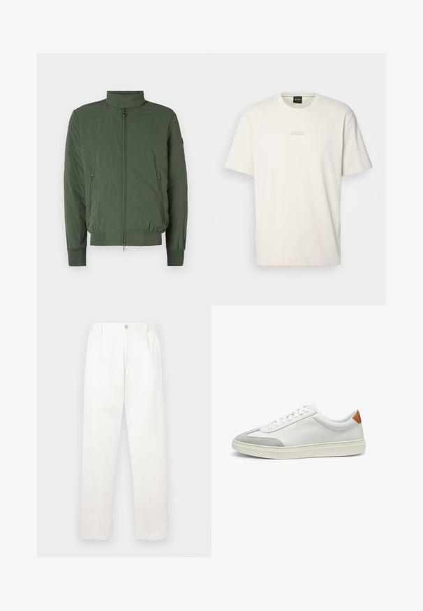 Green quilted bomber jacket featuring a high collar, zip front, two side pockets, and ribbed cuffs and hem. Soft, lightweight material.; BOSS TEE - Basic T-shirt - open white; White trousers made from smooth fabric, featuring a straight leg design, front pleats, and a single button closure at the waist.; White leather sneakers with gray suede accents and a tan leather heel tab. Features a textured surface and lightweight sole.