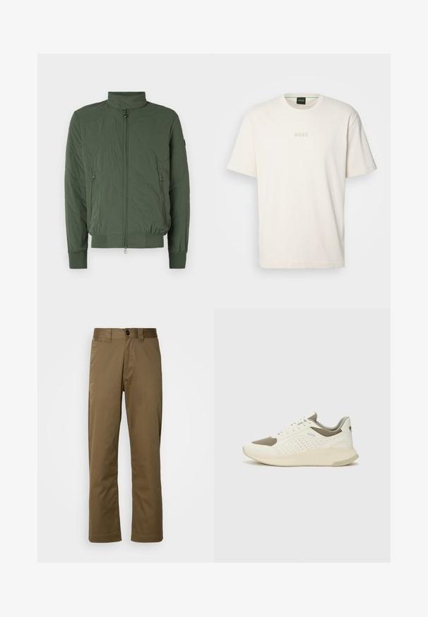 Zelená prešívaná bombardérka s vysokým golierom, zipsom vpredu, dvoma bočnými vreckami a rebrovanými manžetami a spodným lemom. Mäkký, ľahký materiál.; BOSS TEE - Základné tričko - open white; Hnedé nohavice rovného strihu vyrobené z tkaného materiálu. Obsahujú zapínanie na gombík, bočné vrecká a hladký povrch. Prispôsobený strih.; Biele a svetlo béžové športové tenisky s hornou časťou z mriežkového materiálu, perforovanými detailmi a textúrovanou medzipodrážkou s logom na päte.
