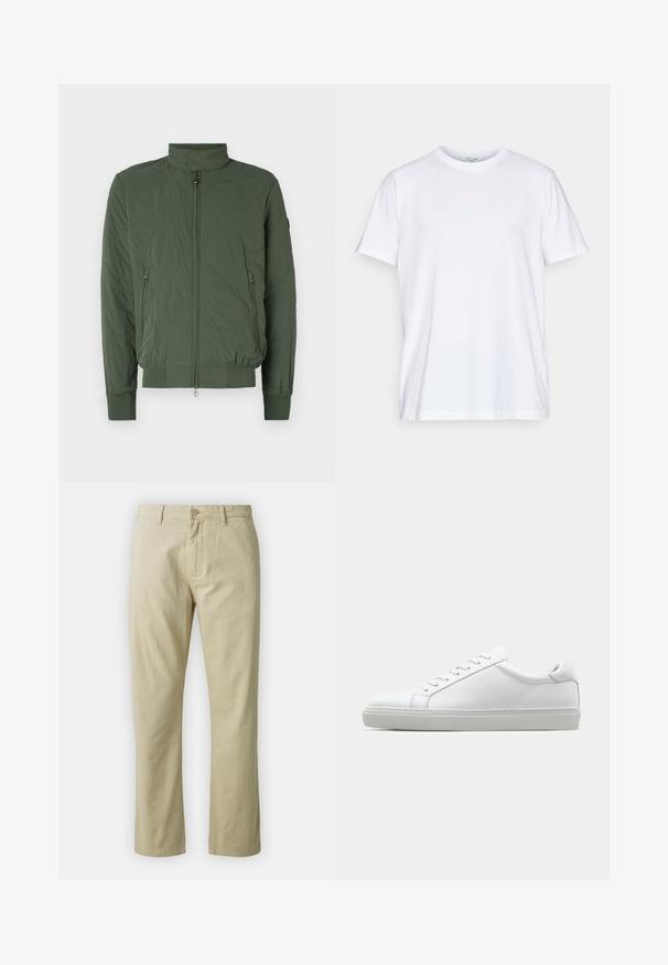 Chaqueta bomber acolchada verde con un cuello alto, cierre de cremallera en la parte delantera, dos bolsillos laterales y puños y dobladillo de punto. Material suave y ligero.; Camiseta blanca de algodón con mangas cortas, cuello redondo y un corte relajado. Presenta un diseño minimalista, sin patrones ni acentos.; Pantalones de algodón beige con un diseño de pierna recta, cierre frontal con botón y presillas para cinturón. Textura suave, sin patrones ni acentos visibles.; Zapatilla blanca con parte superior de cuero liso y perfil bajo. Presenta una puntera redondeada, seis ojales y una suela de goma texturizada.