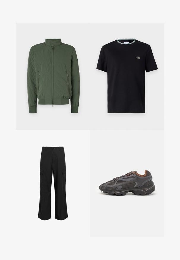 Grüne gesteppte Bomberjacke mit hohem Kragen, Reißverschluss vorne, zwei seitlichen Taschen und gerippten Bündchen sowie Saum. Weiches, leichtes Material.; Schwarzes Baumwoll-T-Shirt mit Rundhalsausschnitt, ausgestattet mit einem weißen und grünen Streifenrand und einem gestickten grünen Krokodil-Logo auf der linken Brust.; Schwarze Cargo-Hose aus leichtem Stoff, mit entspannter Passform, zwei großen Seitentaschen und Knopfverschluss.; Lacoste Sneaker in Dunkelgrau aus Mesh und Synthetikmaterial, mit einer strukturierten Sohle und braunen Akzenten am Kragen und Logo.