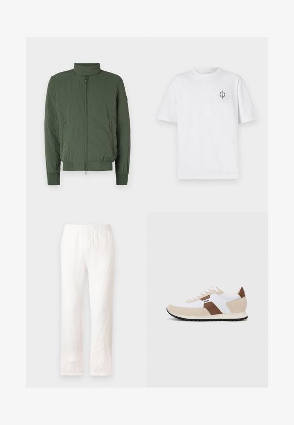 Veste bomber matelassée verte avec un col haut, fermeture éclair devant, deux poches latérales et des poignets et un ourlet côtelés. Matériau doux et léger.; T-shirt en coton blanc avec une coupe décontractée, présentant un petit logo graphique noir sur le côté gauche de la poitrine. Manches courtes, col rond.; Pantalons en lin blancs avec une taille élastique, design à jambe droite et tissu légèrement texturé. Pas de motifs ni de détails supplémentaires.; Baskets avec un mélange de mesh blanc et de suède beige, agrémentées d'un accent en cuir marron. Bout arrondi, semelle en caoutchouc plate et design à lacets.