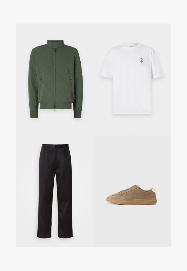 Veste bomber matelassée verte avec un col haut, fermeture éclair devant, deux poches latérales et des poignets et un ourlet côtelés. Matériau doux et léger.; T-shirt en coton blanc avec une coupe décontractée, présentant un petit logo graphique noir sur le côté gauche de la poitrine. Manches courtes, col rond.; Pantalon noir en tissu lisse, avec une fermeture à bouton sur le devant, des plis et des jambes droites. Aucun motif ou accent visible.; Baskets en cuir suédé de couleur marron clair avec une semelle en caoutchouc. Possède un design à lacets et un style minimaliste, rehaussé par un onglet de talon blanc.