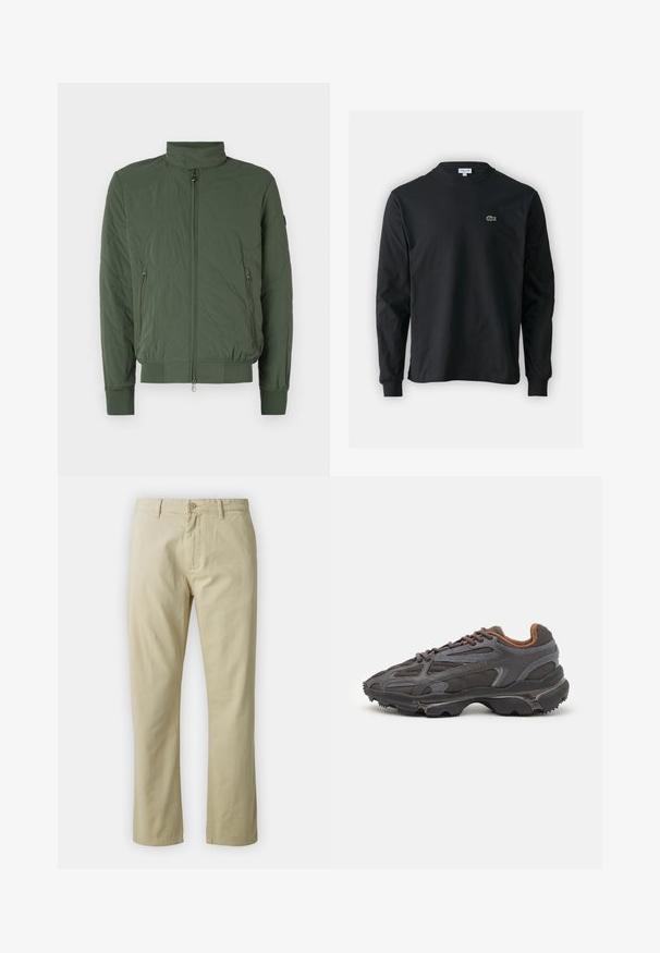 Grön vadderad bomberjacka med hög krage, dragkedja framtill, två sidofickor samt ribbade muddar och nederkant. Mjuk, lätt material.; Svart långärmad t-shirt i bomull, med rund halsringning och en liten grön broderad krokodil-logotyp på vänster bröst.; Beiga bomullsbyxor med rak benform, framknäppning och bälteshällor. Slät textur, inga synliga mönster eller detaljer.; Lacoste-sneakers i mörkgrått med nät och syntetmaterial, med en strukturerad sula och bruna detaljer på kragen och varumärket.