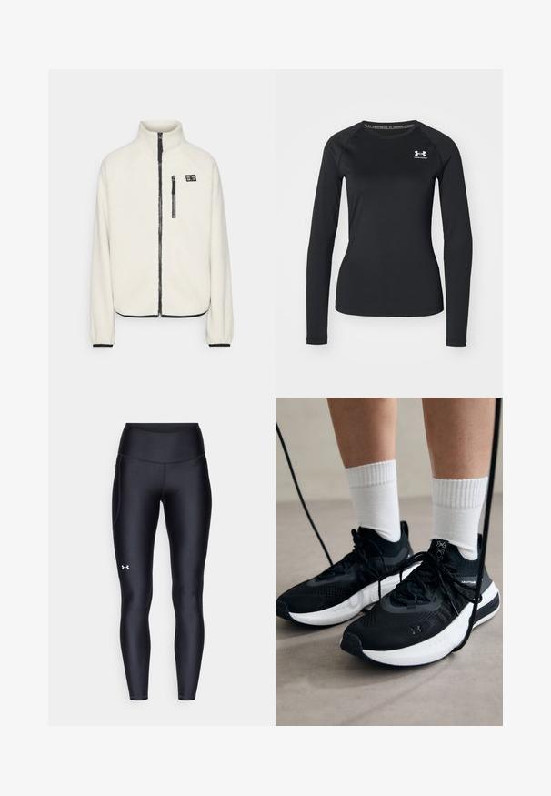 ONLY Play ONPMON - Giacca in pile - pumice stone; Maglietta sportiva nera a maniche lunghe realizzata in tessuto liscio, con scollatura tonda e un piccolo logo bianco sul lato sinistro del petto.; Leggings neri realizzati in materiale morbido e stretch con vita alta. Presentano un logo bianco sulla coscia sinistra e un design aderente.; Scarpe sportive nere con tessuto testurizzato, suola bianca e lacci neri. Indossate con calzini bianchi a costine, in piedi su una superficie chiara.