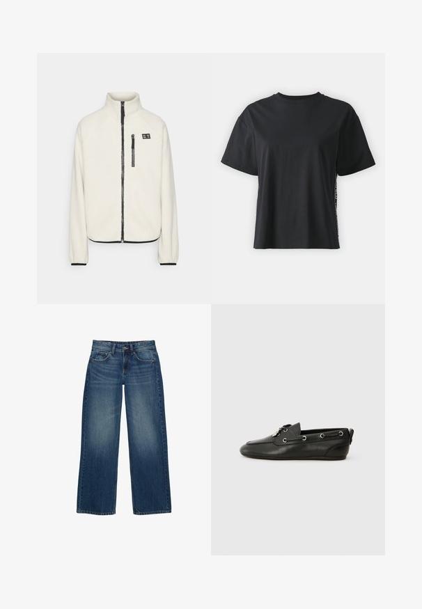 ONLY Play ONPMON - Fleece jacket - pumice stone; Black short-sleeve cotton t-shirt with a relaxed fit and contrasting side panel featuring small text and design details.; Wide-leg blue denim jeans featuring a faded wash, five-pocket design, and contrasting stitching. Closed with a button and zipper fly.; Black leather boat shoes with rounded toe, lace-up front, metal eyelets, and a flat sole. Features a small tab at the back.