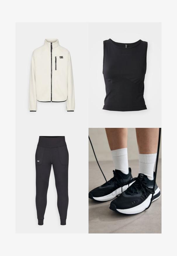 ONLY Play ONPMON - Veste polaire - pumice stone; Haut sportif sans manches noir fabriqué à partir d'un tissu lisse, présentant un col rond et une silhouette ajustée avec un discret logo.; Leggings de sport noirs en matière extensible, avec une taille haute, des poches latérales et des poignets ajustés au niveau des chevilles.; Chaussures de sport noires en tissu texturé, avec une semelle blanche et des lacets noirs. Portées avec des chaussettes blanches côtelées, debout sur une surface claire.